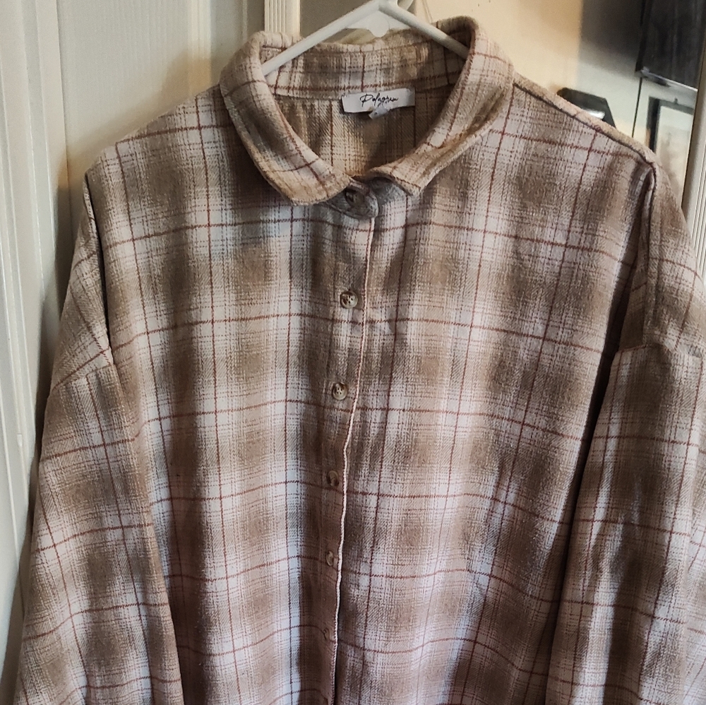 Plaid Button Down Shirt - Beige and Red